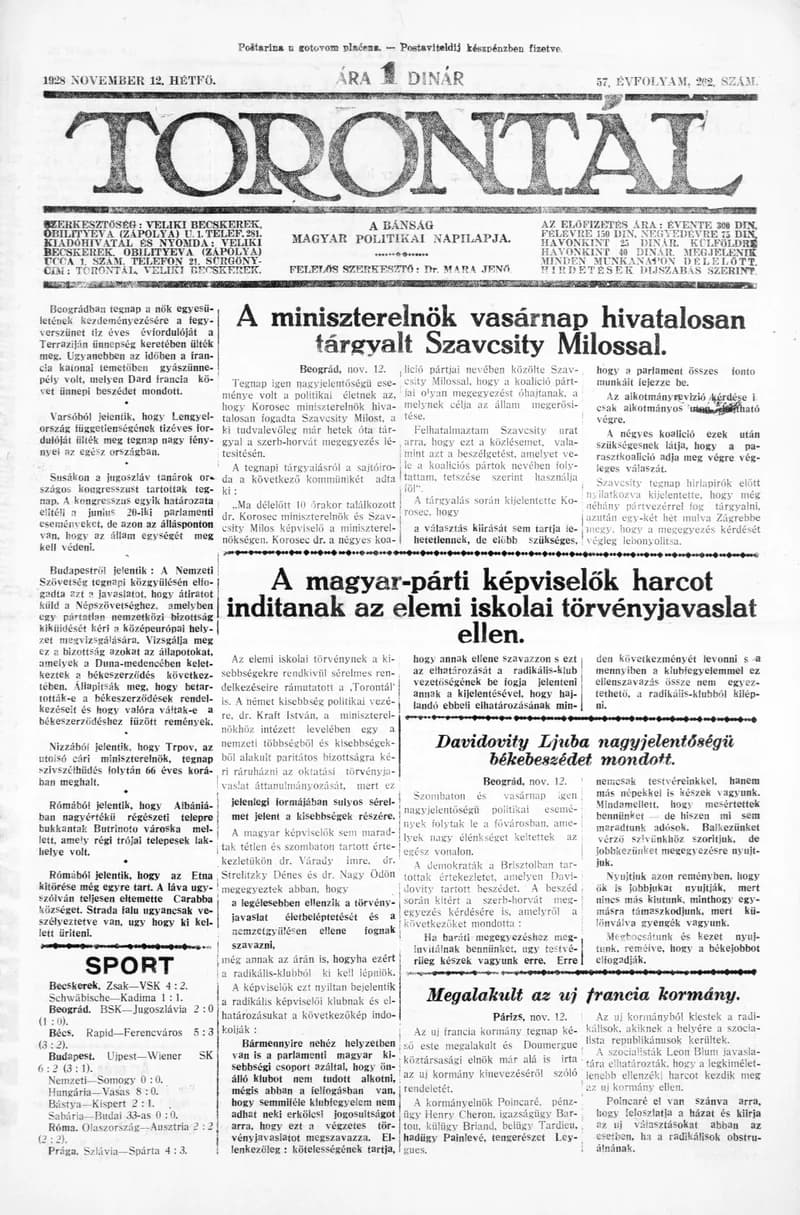 Torontál, 57. évf. 1928. november 12. 262. sz.