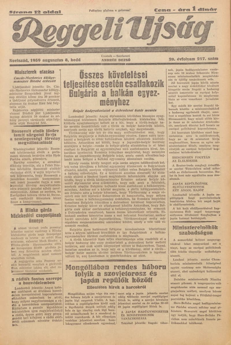Reggeli Újság, 20. évf. 1939. augusztus 8. 217. sz.