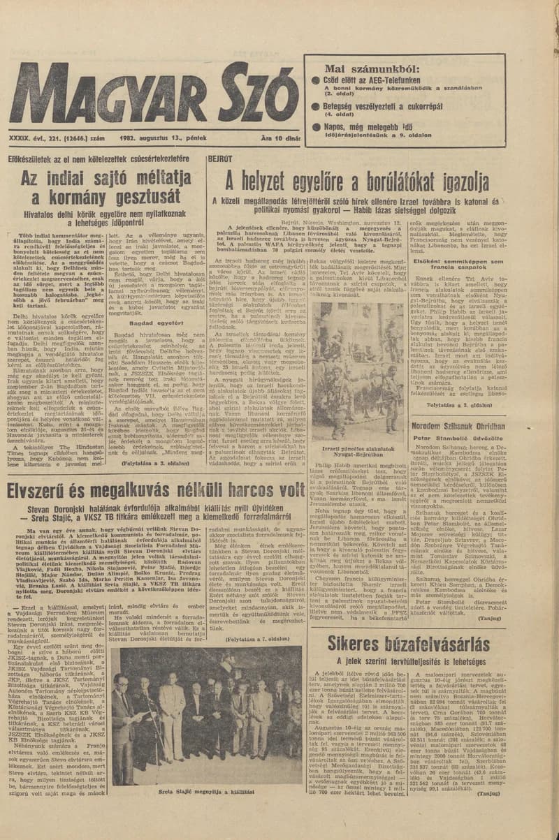 Magyar Szó, 39. évf. 1982. augusztus 13. 221. sz. 1–20. oldal