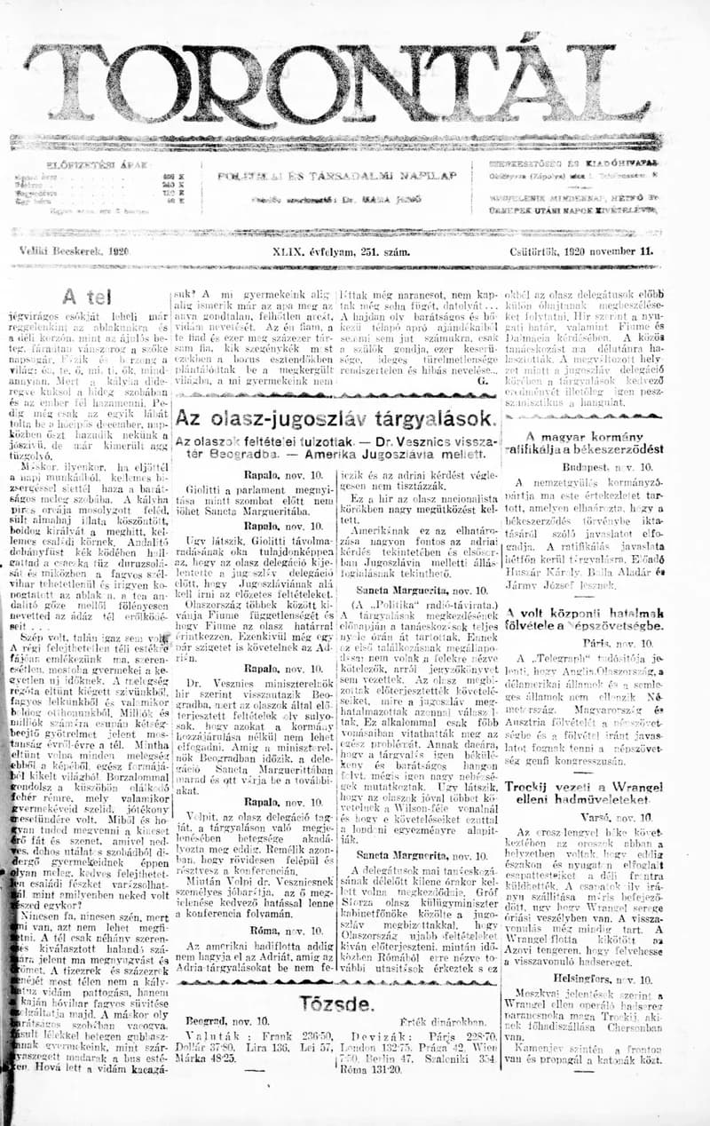 Torontál, 49. évf. 1920. november 11. 251. sz.