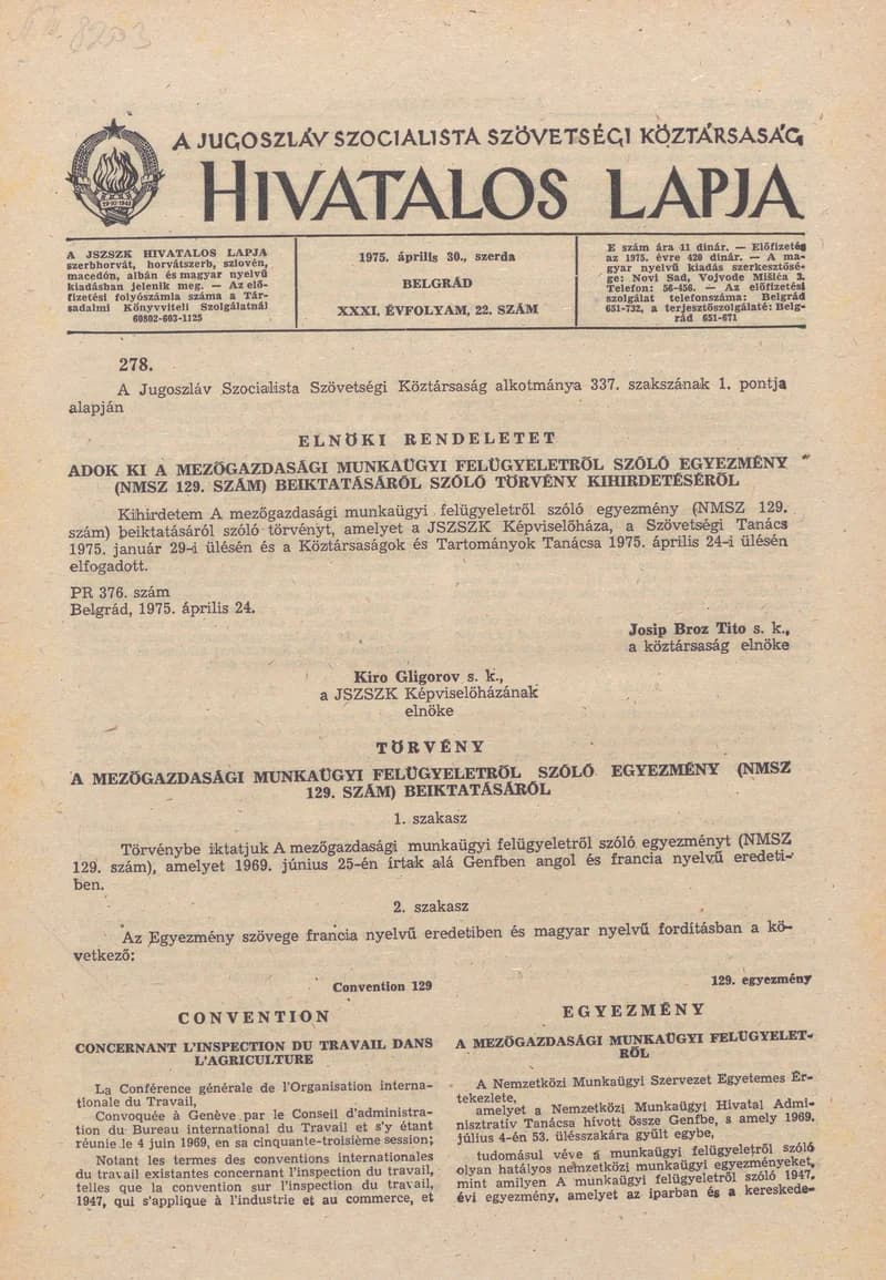A Jugoszláv Szocialista Szövetségi Köztársaság Hivatalos Lapja, 31. évf. 1975. április 30. 22. sz. 725–752. oldal