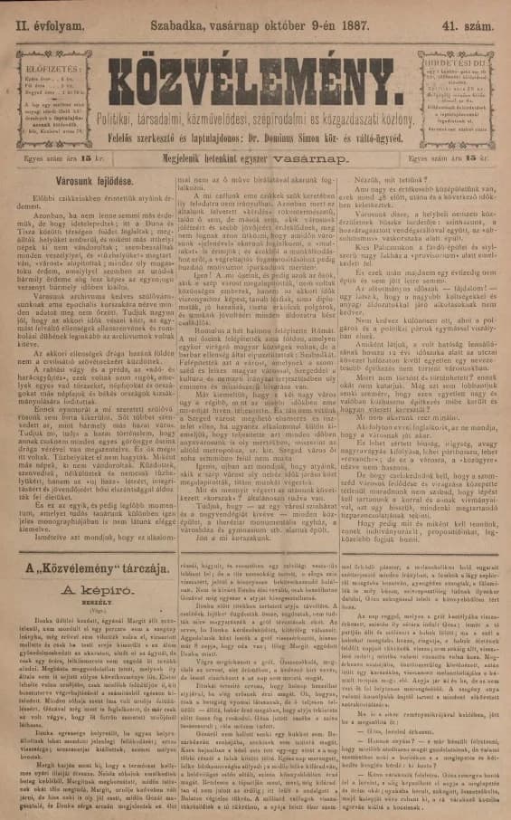 Közvélemény, 2. évf. 1887. október 9. 41. sz.