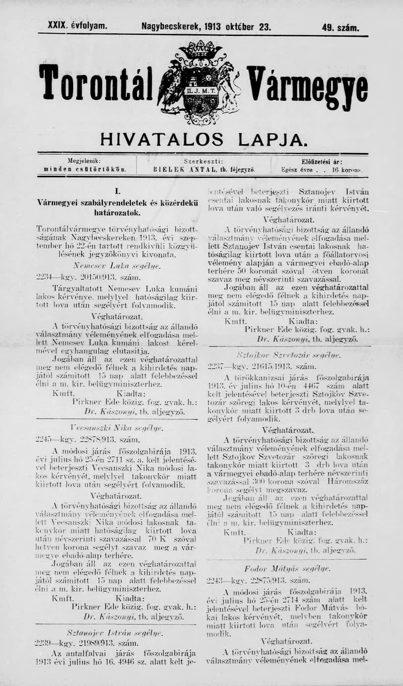 Torontál Vármegye Hivatalos Lapja, 29. évf. 1913. október 23. 49. sz.
