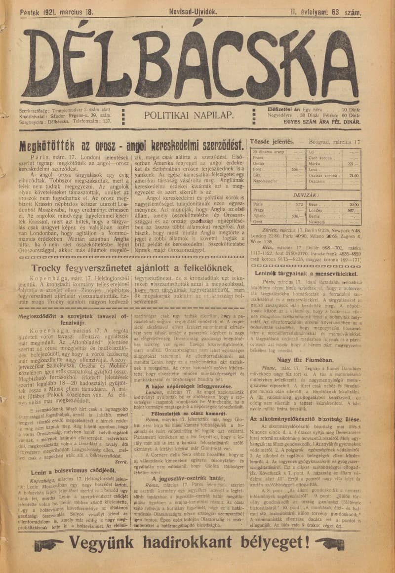 Délbácska, 2. évf. 1921. március 18. 63. sz.