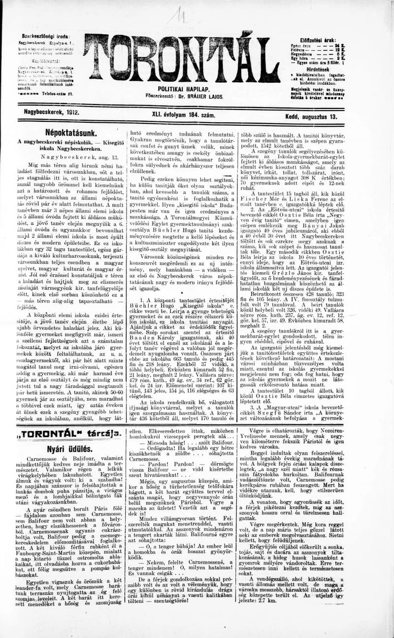 Torontál, 41. évf. 1912. augusztus 13. 184. sz.