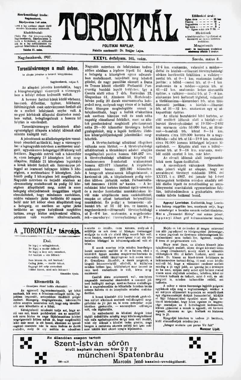 Torontál, 36. évf. 1907. május 8. 105. sz.