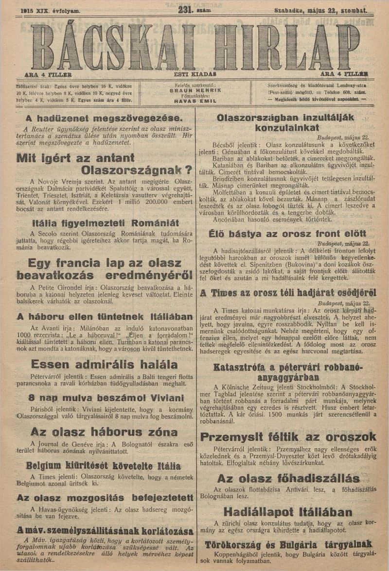 Bácskai Hirlap, 19. évf. 1915. május 22. 231. sz.
