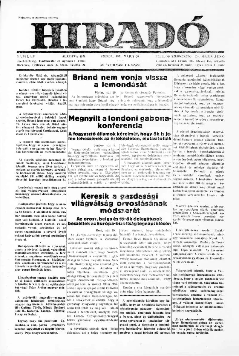 Híradó, 60. évf. 1931. május 20. 114. sz.