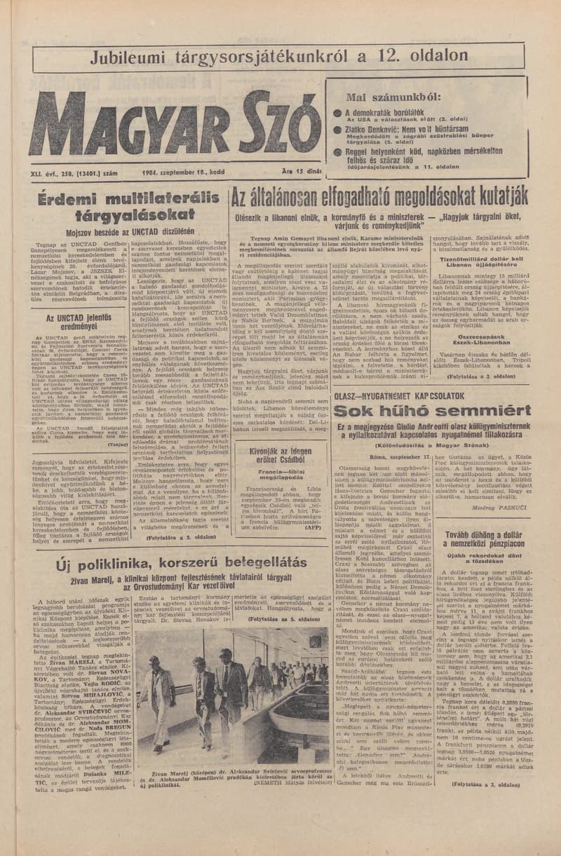 Magyar Szó, 41. évf. 1984. szeptember 18. 258. sz. 1–20. oldal