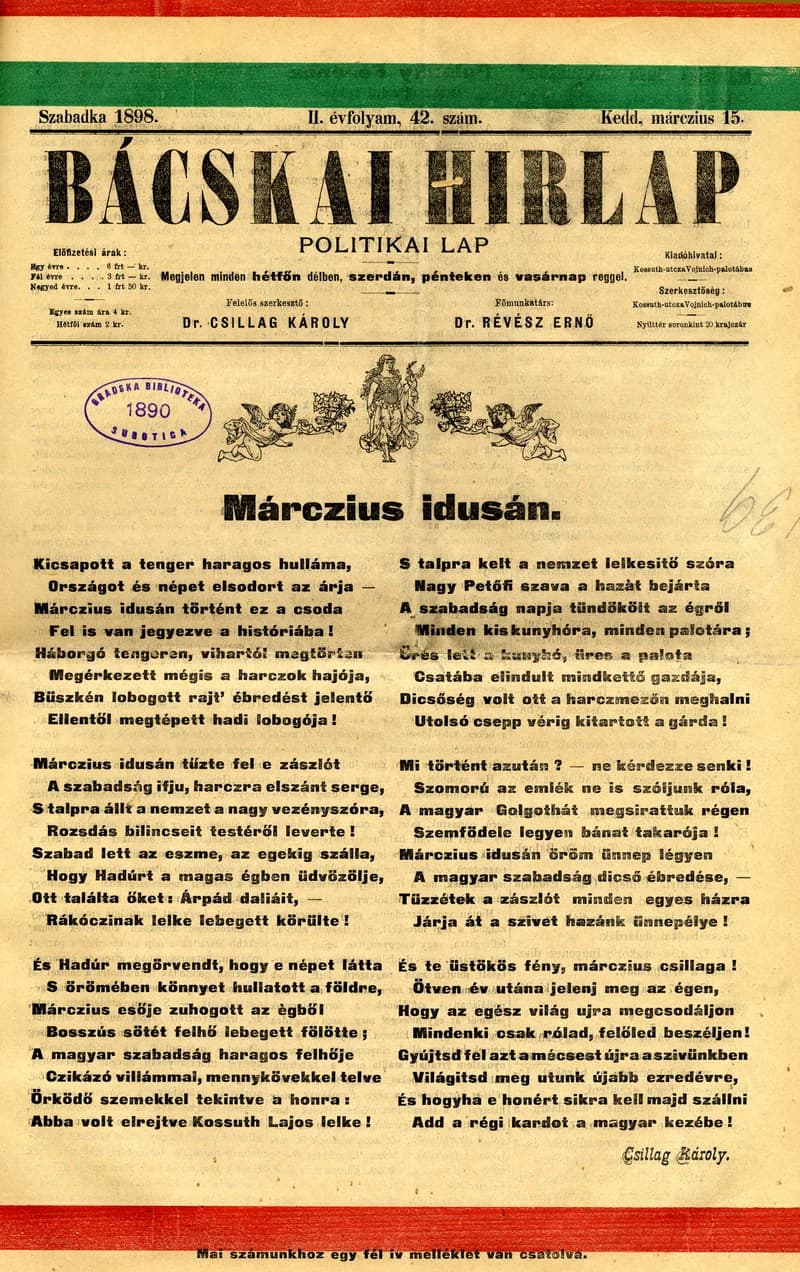 Bácskai Hirlap, 2. évf. 1898. március 15. 42. sz. 1–4. oldal