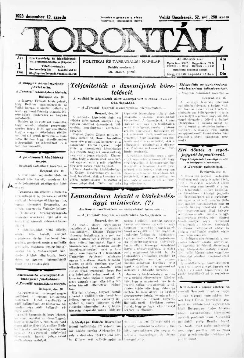 Torontál, 52. évf. 1923. december 12. 280. sz.