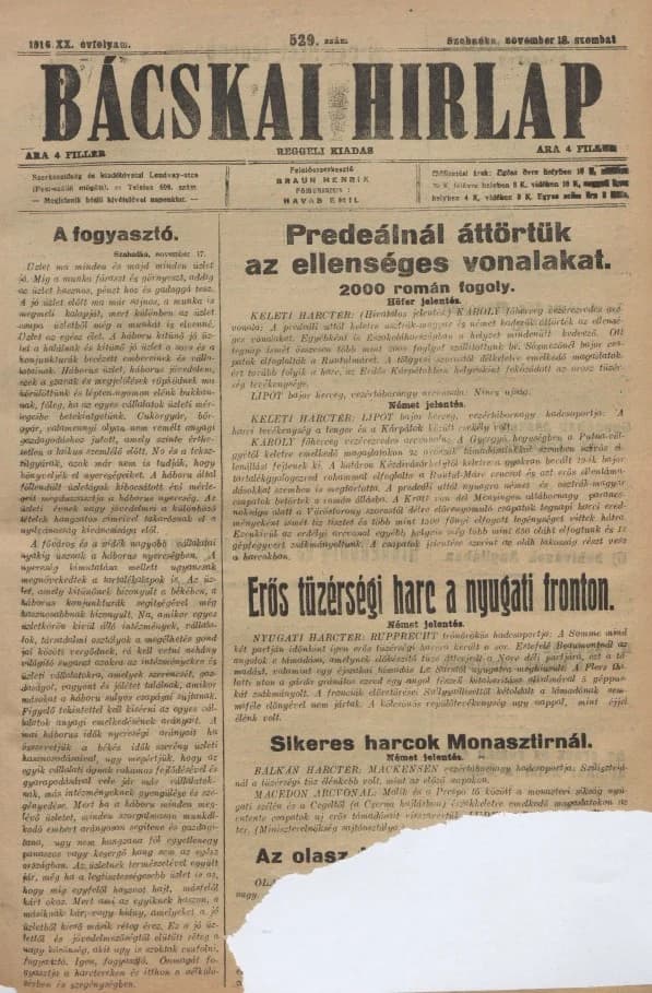 Bácskai Hirlap, 20. évf. 1916. november 18. 529. sz.