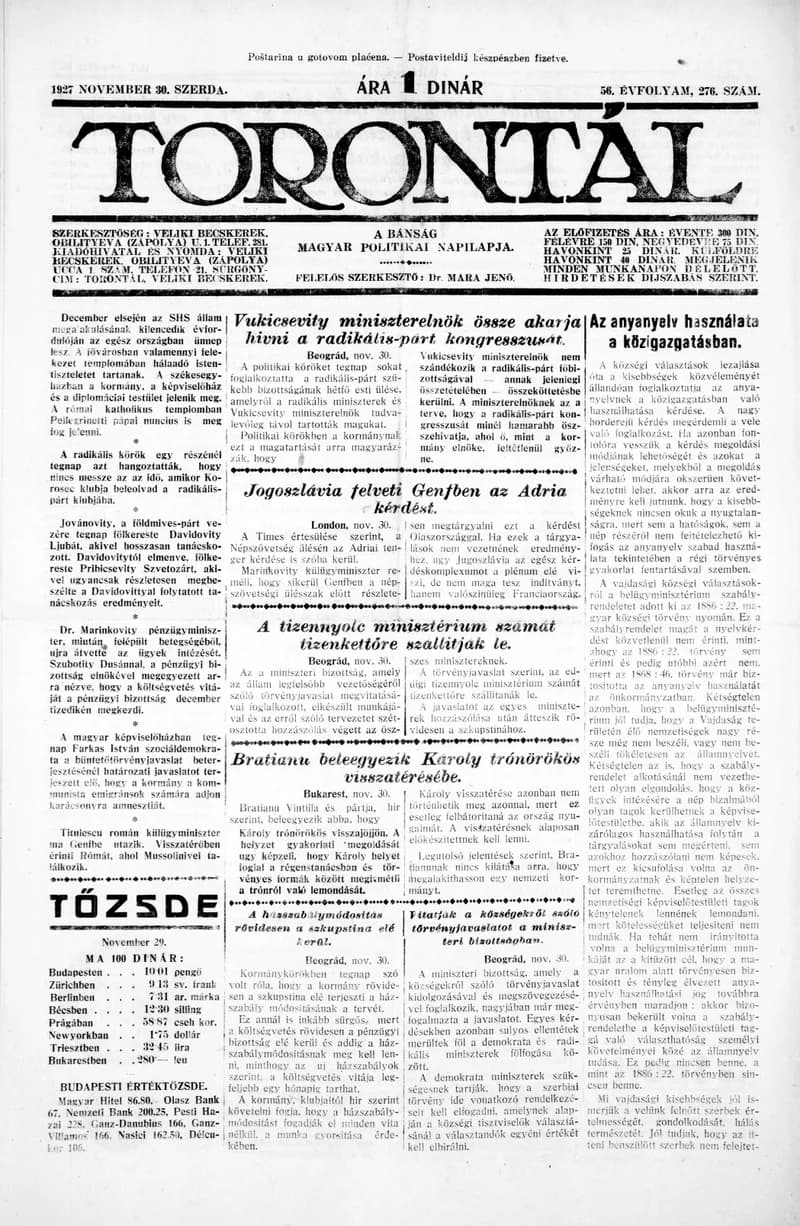 Torontál, 56. évf. 1927. november 30. 276. sz.