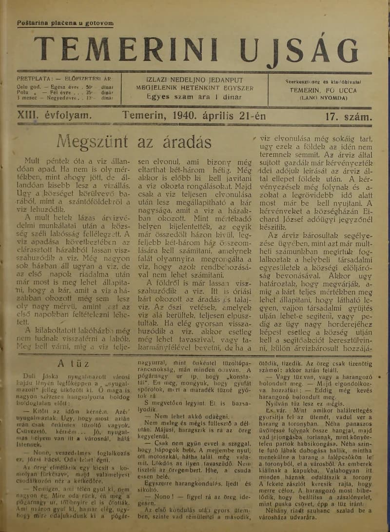 Temerini Újság 1928-1944, 13. évf. 1940. április 21. 17. sz.