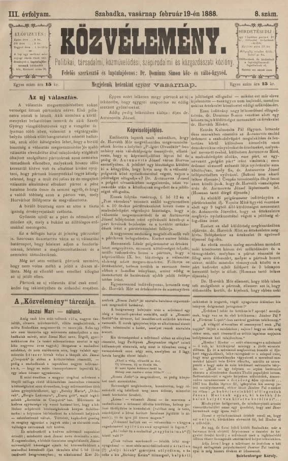 Közvélemény, 3. évf. 1888. február 19. 8. sz.
