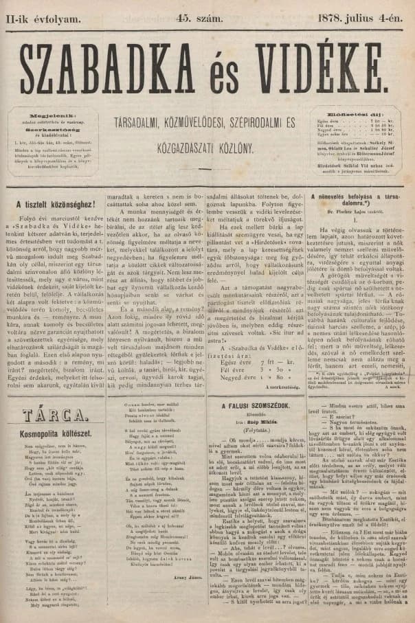 Szabadka és vidéke, 2. évf. 1878. július 4. 45. sz.