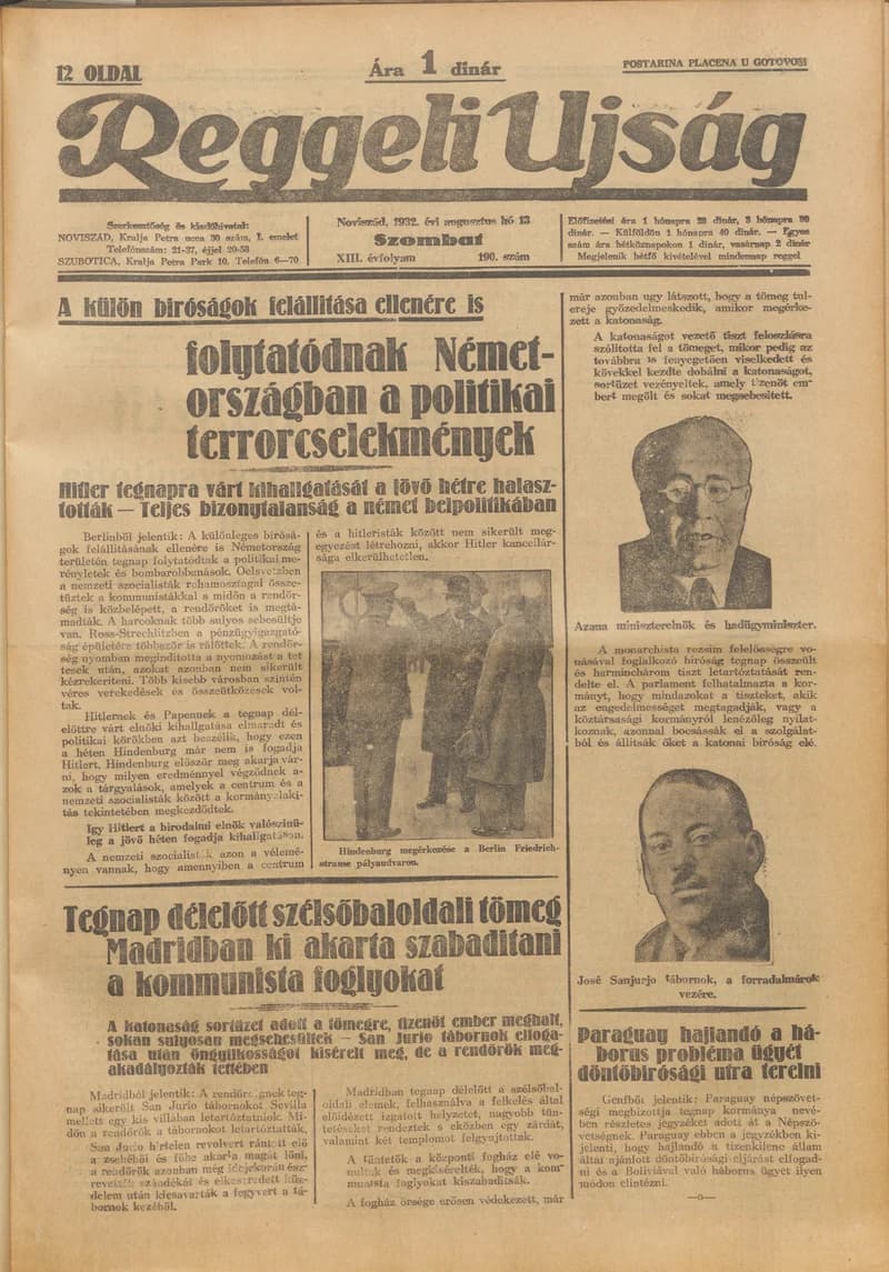 Reggeli Újság, 13. évf. 1932. augusztus 13. 190. sz.