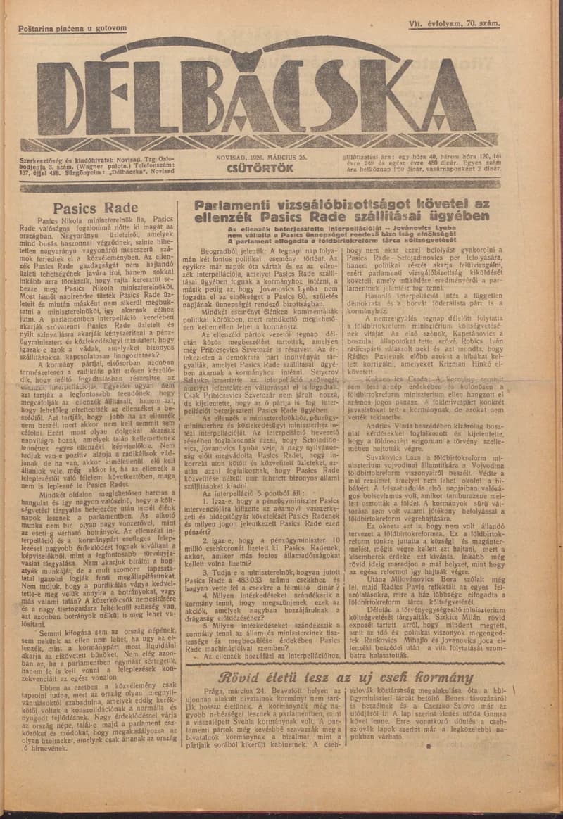 Délbácska, 7. évf. 1926. március 25. 70. sz.