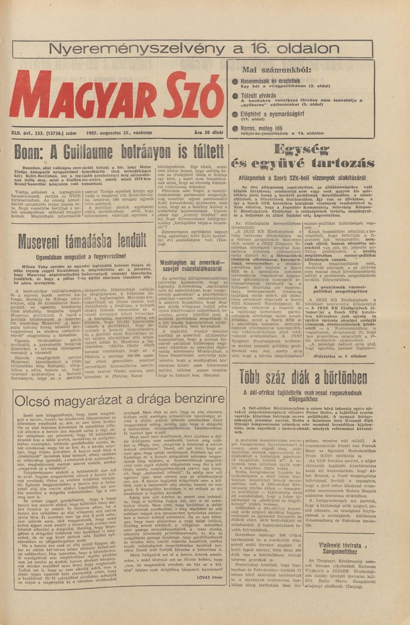 Magyar Szó, 42. évf. 1985. augusztus 25. 233. sz. 1–28. oldal