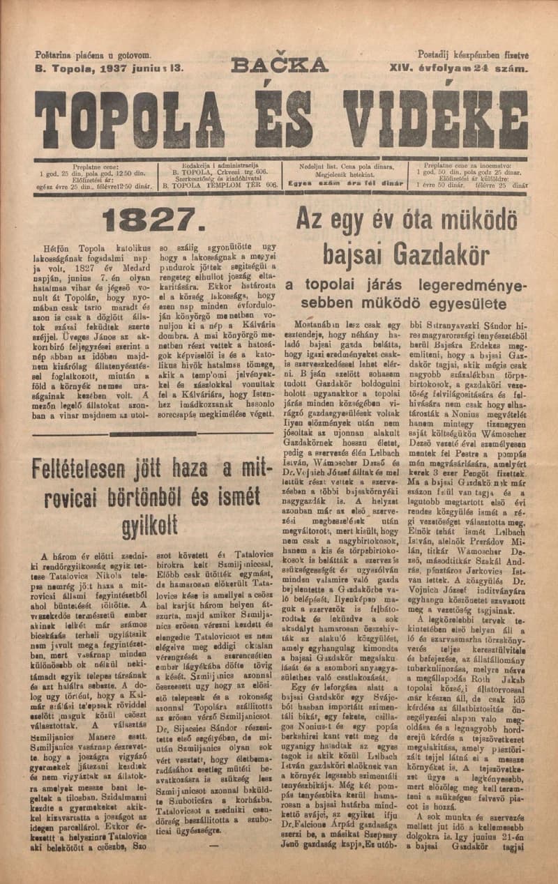 Bačka Topola és Vidéke, 14. évf. 1937. június 13. 24. sz.