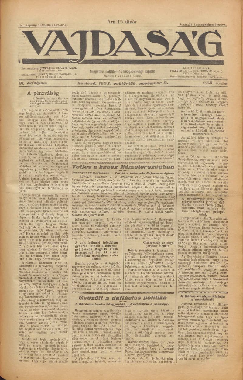 Vajdaság, 3. évf. 1923. november 8. 254. sz.