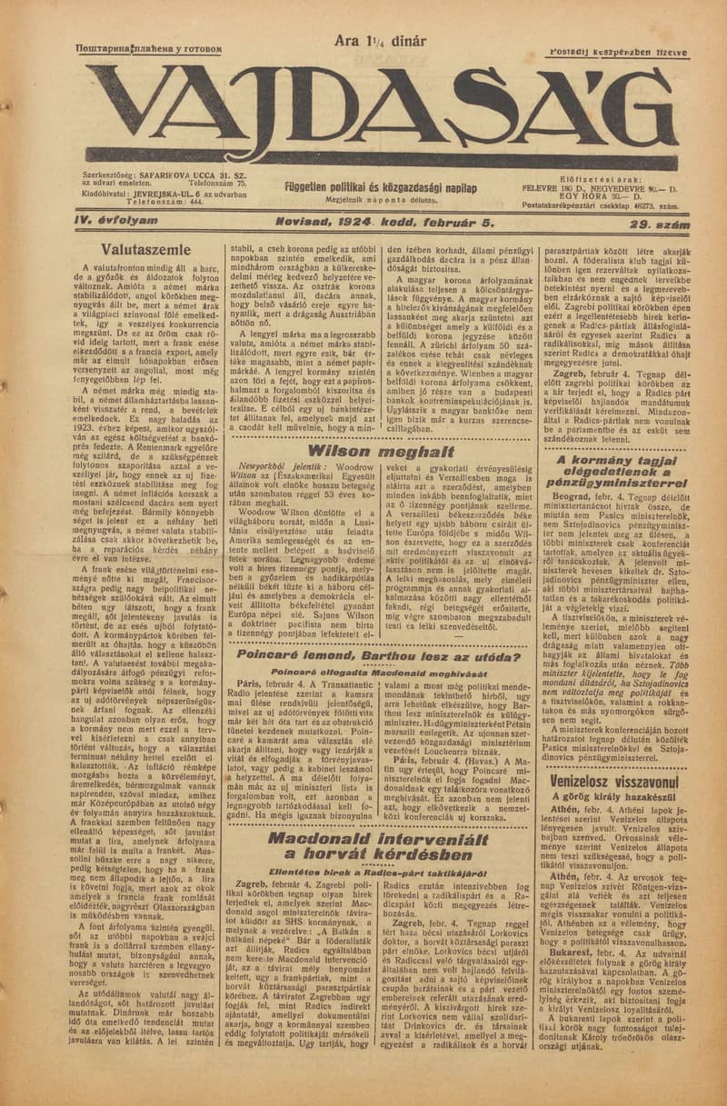 Vajdaság, 4. évf. 1924. február 5. 29. sz.