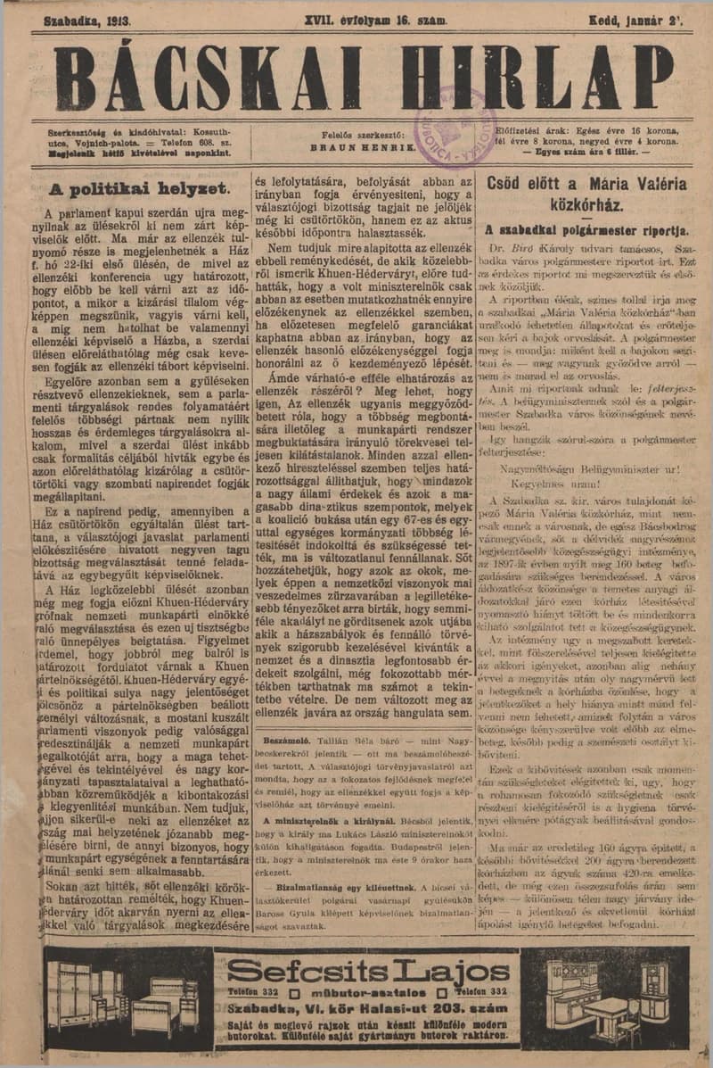 Bácskai Hirlap, 17. évf. 1913. január 21. 16. sz.
