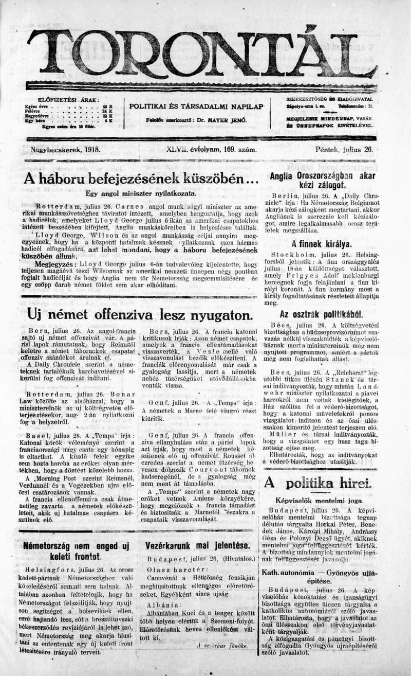 Torontál, 47. évf. 1918. július 26. 169. sz.