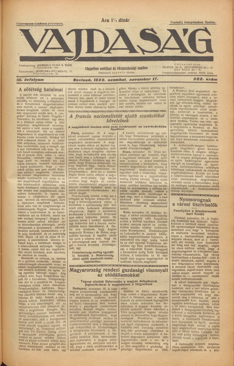 Vajdaság, 3. évf. 1923. november 17. 262. sz.