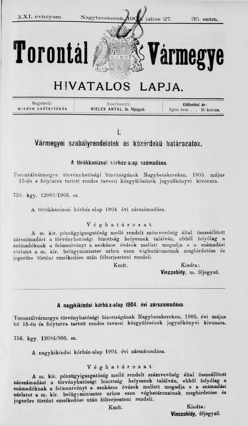 Torontál Vármegye Hivatalos Lapja, 21. évf. 1905. július 27. 35. sz.