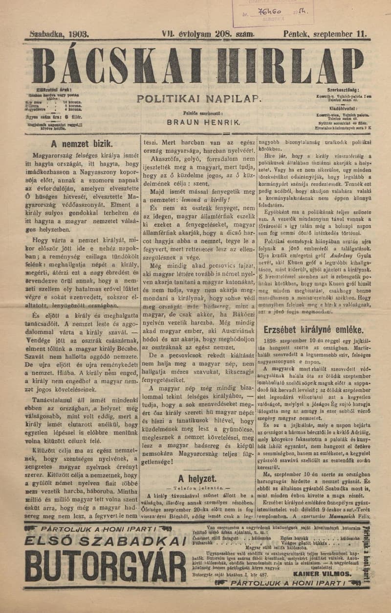 Bácskai Hirlap, 7. évf. 1903. szeptember 11. 208. sz.
