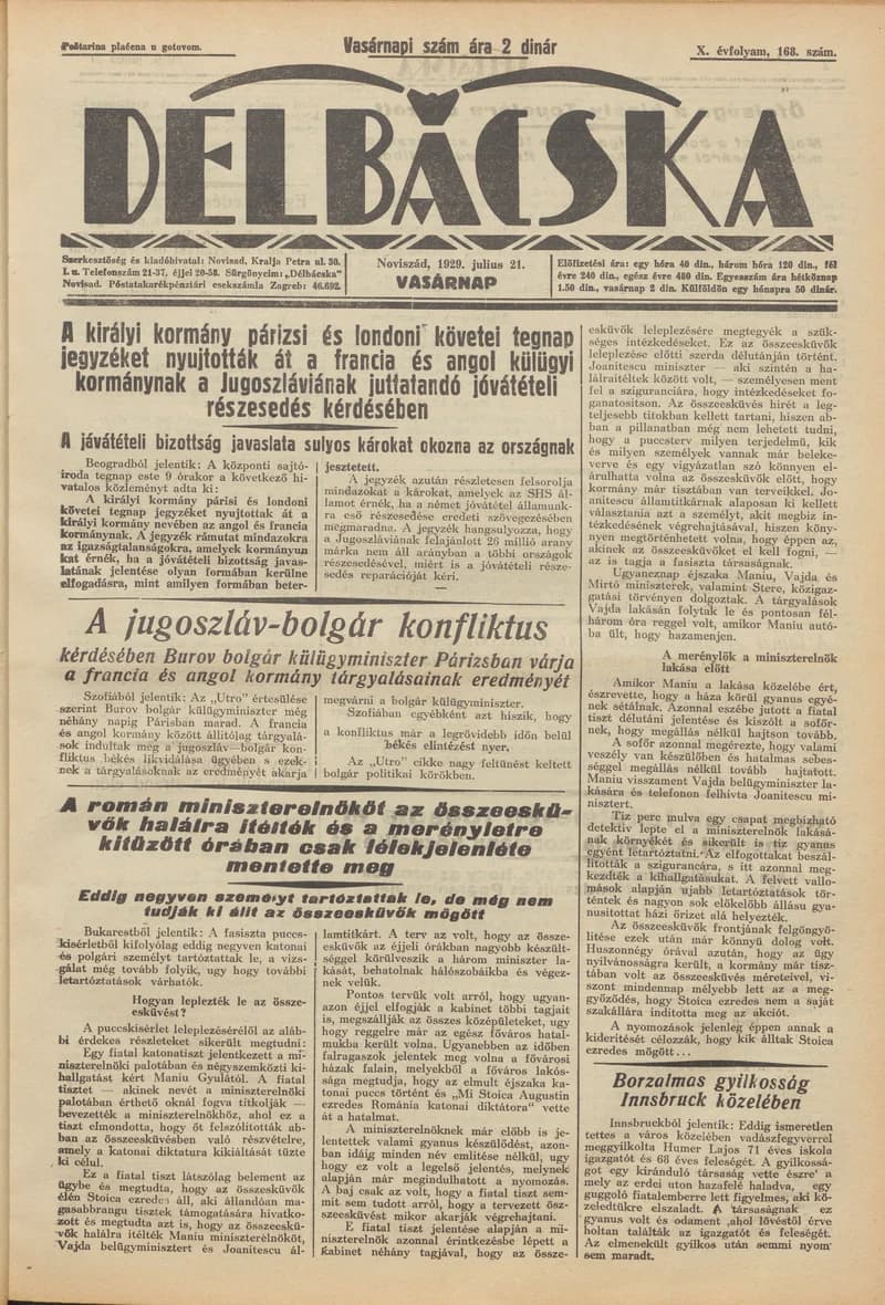 Délbácska, 10. évf. 1929. július 21. 168. sz.