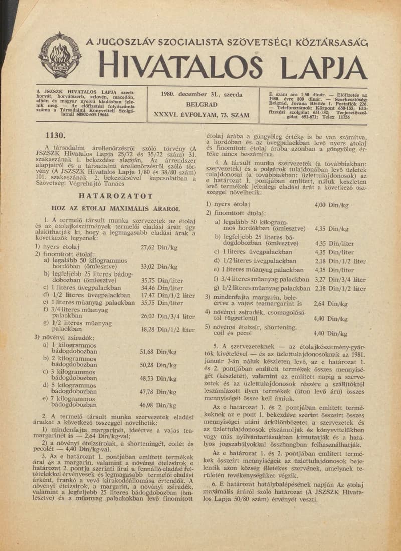 A Jugoszláv Szocialista Szövetségi Köztársaság Hivatalos Lapja, 36. évf. 1980. december 31. 73. sz. 2165–2168. oldal