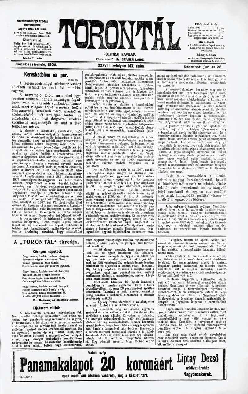 Torontál, 38. évf. 1909. június 26. 143. sz.