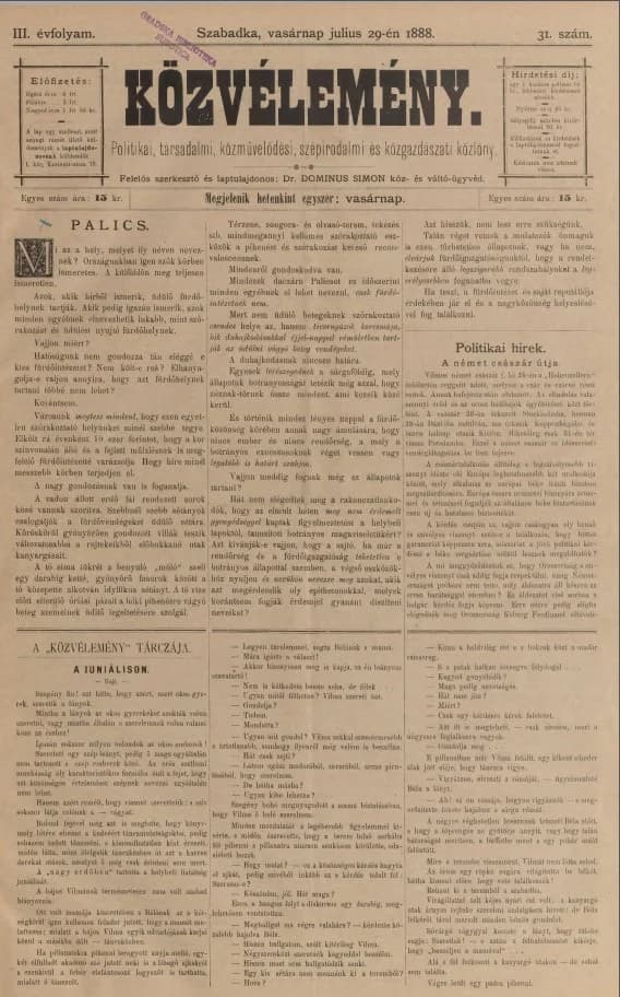 Közvélemény, 3. évf. 1888. július 29. 31. sz.