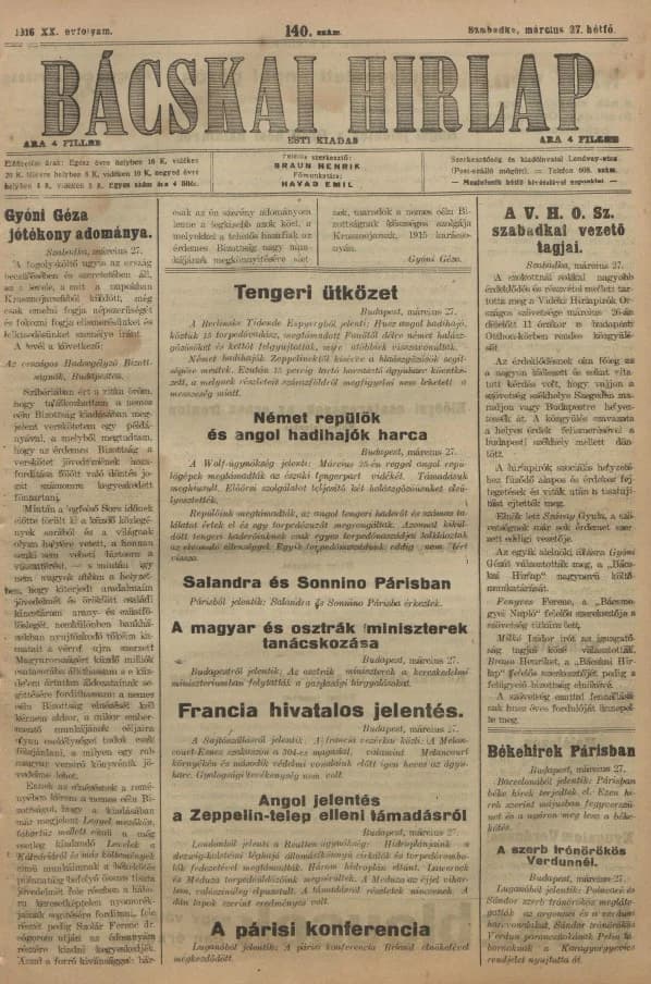 Bácskai Hirlap, 20. évf. 1916. március 27. 140. sz.