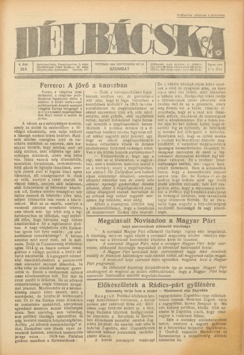 Délbácska, 5. évf. 1924. szeptember 13. 213. sz.