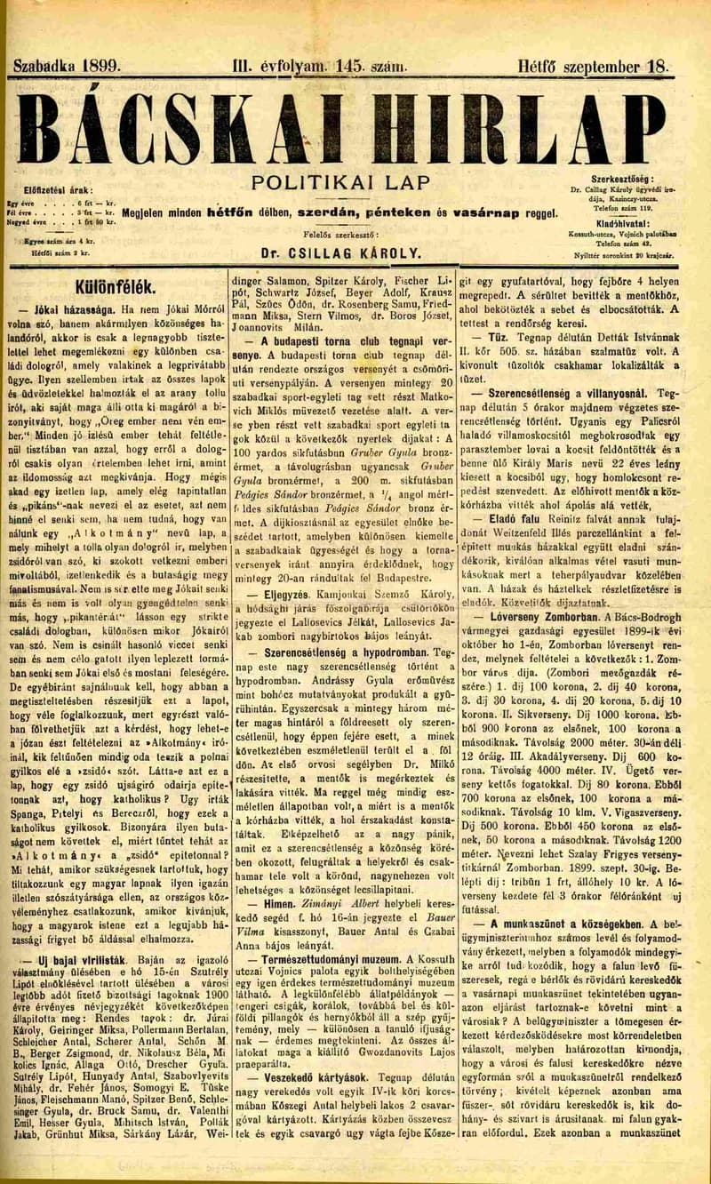 Bácskai Hirlap, 3. évf. 1899. szeptember 18. 145. sz.