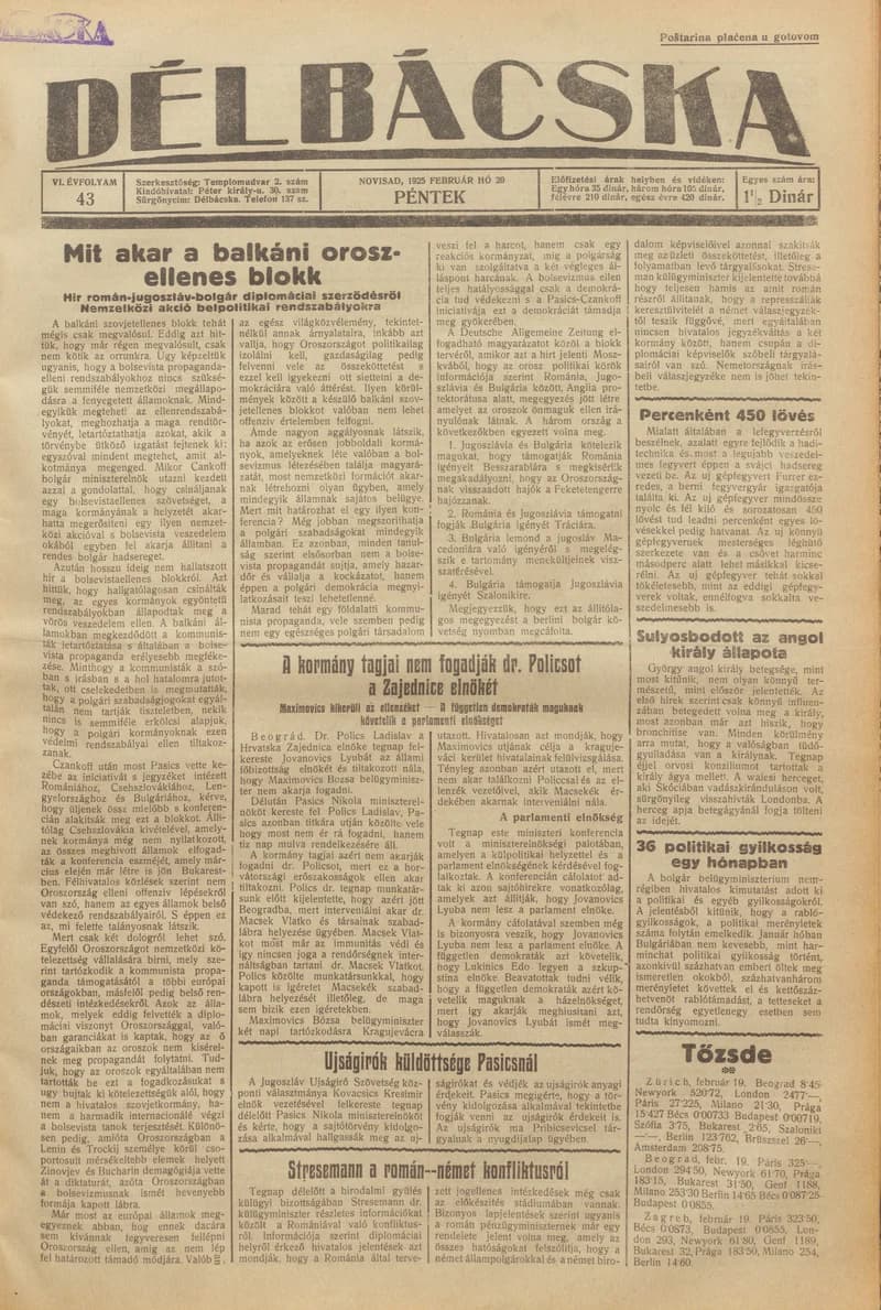 Délbácska, 6. évf. 1925. február 20. 43. sz.