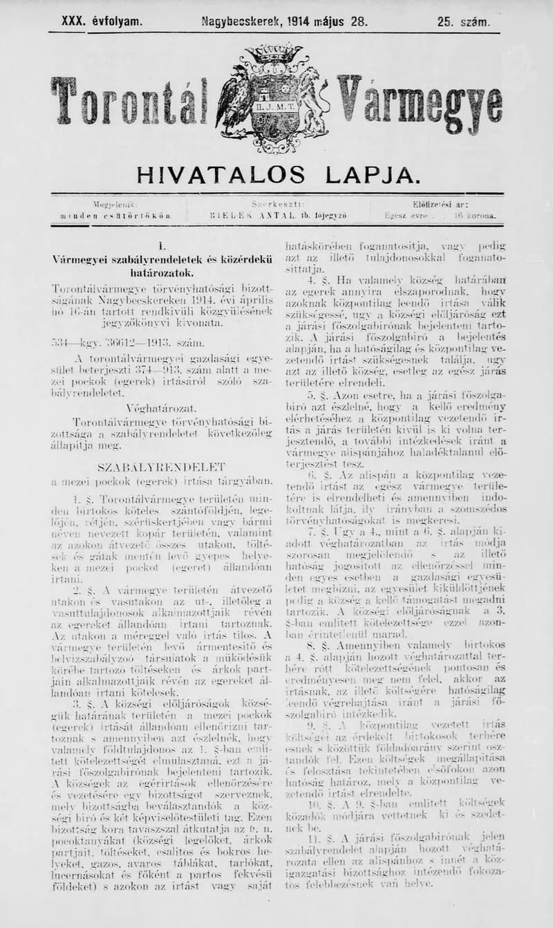Torontál Vármegye Hivatalos Lapja, 30. évf. 1914. május 28. 25. sz.