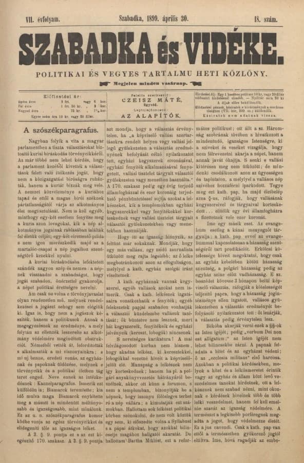 Szabadka és vidéke II, 7. évf. 1899. április 30. 18. sz.