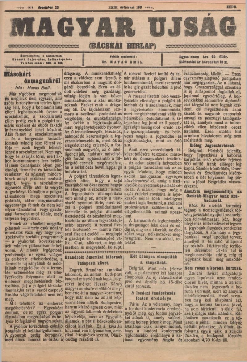 Bácskai Hirlap, 23. évf. 1919. december 23. 160. sz.