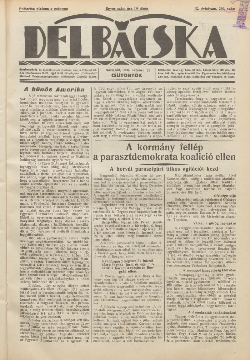 Délbácska, 9. évf. 1928. október 25. 250. sz.