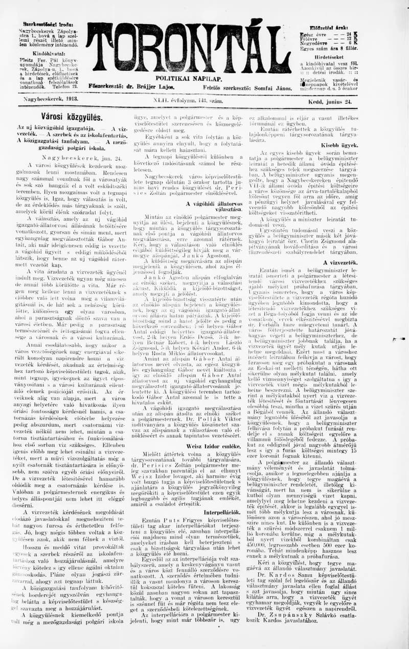 Torontál, 42. évf. 1913. június 14. 143. sz.