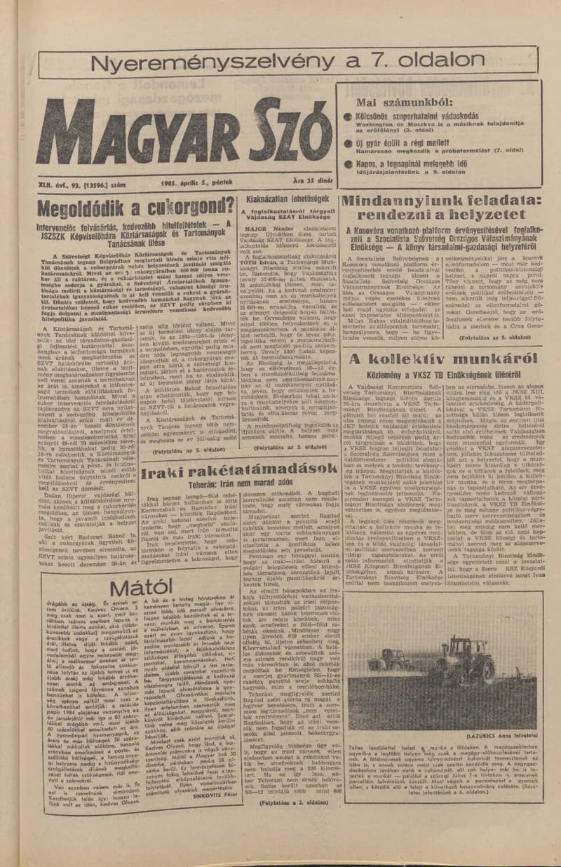 Magyar Szó, 42. évf. 1985. április 5. 93. sz. 1–20. oldal