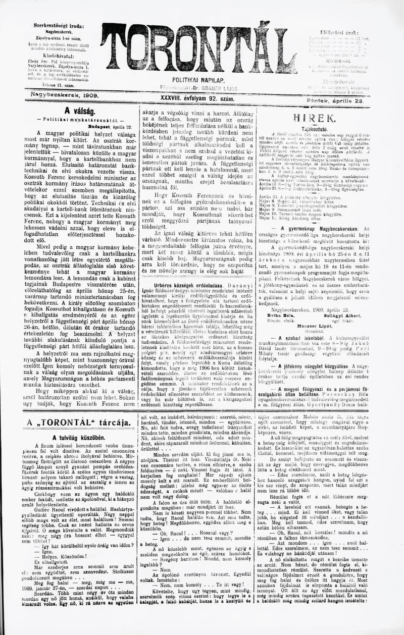 Torontál, 38. évf. 1909. április 23. 92. sz.