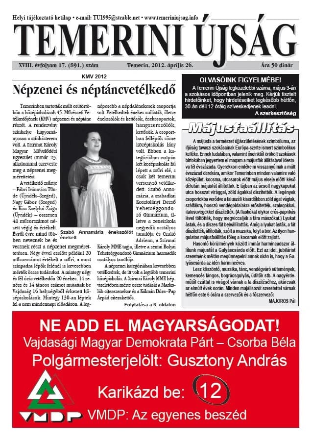 Temerini Újság, 18. évf. 2012. április 26. 17. sz.