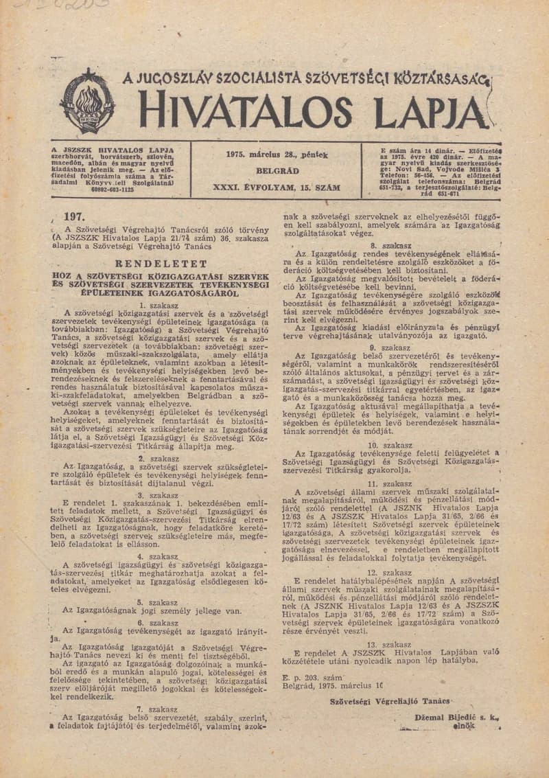 A Jugoszláv Szocialista Szövetségi Köztársaság Hivatalos Lapja, 31. évf. 1975. március 28. 15. sz. 377–384. oldal