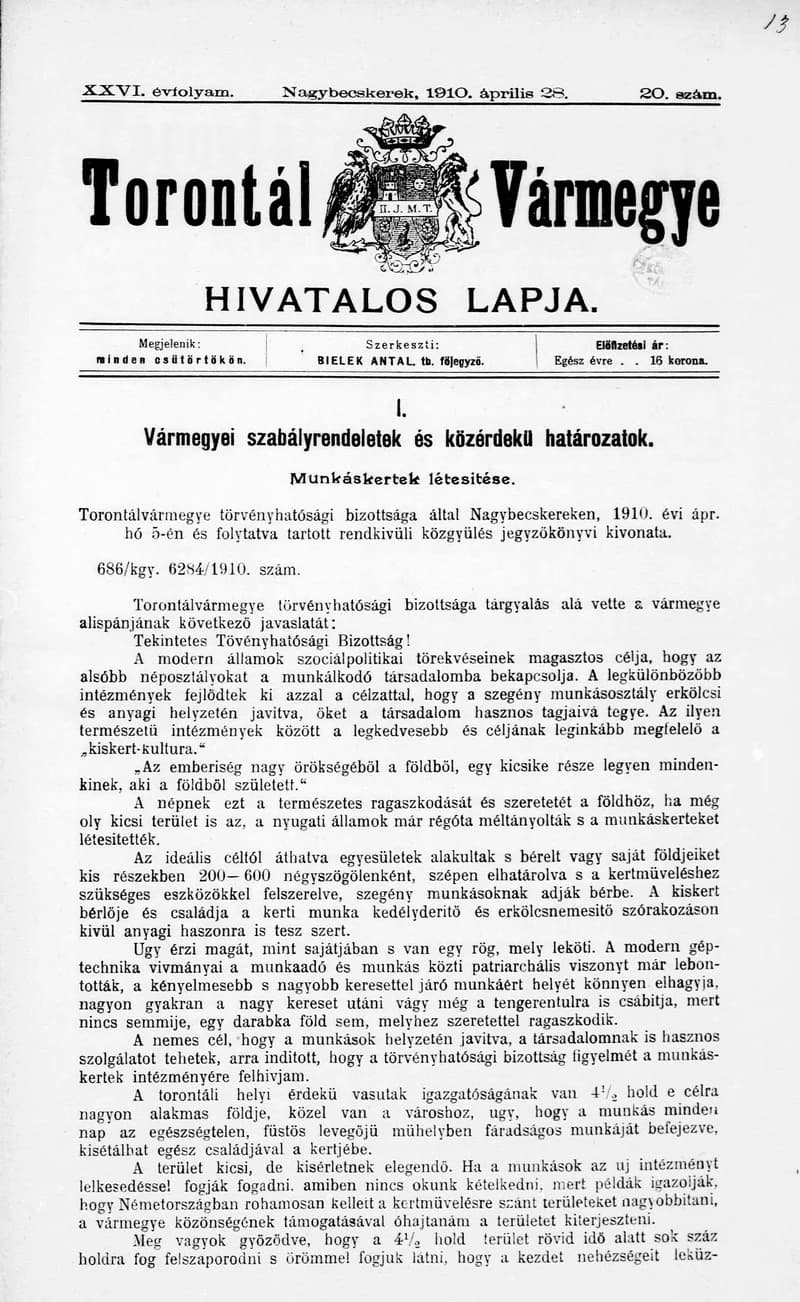 Torontál Vármegye Hivatalos Lapja, 26. évf. 1910. április 28. 20. sz.