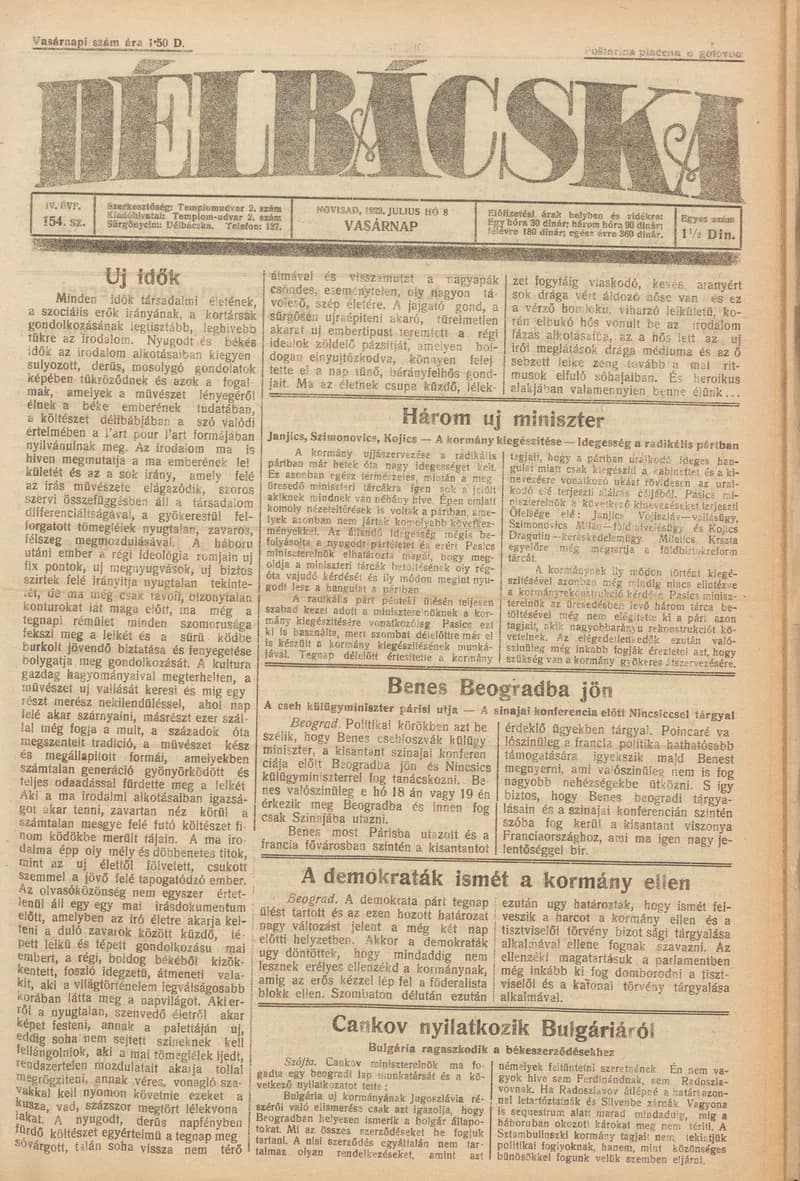 Délbácska, 4. évf. 1923. július 8. 154. sz.